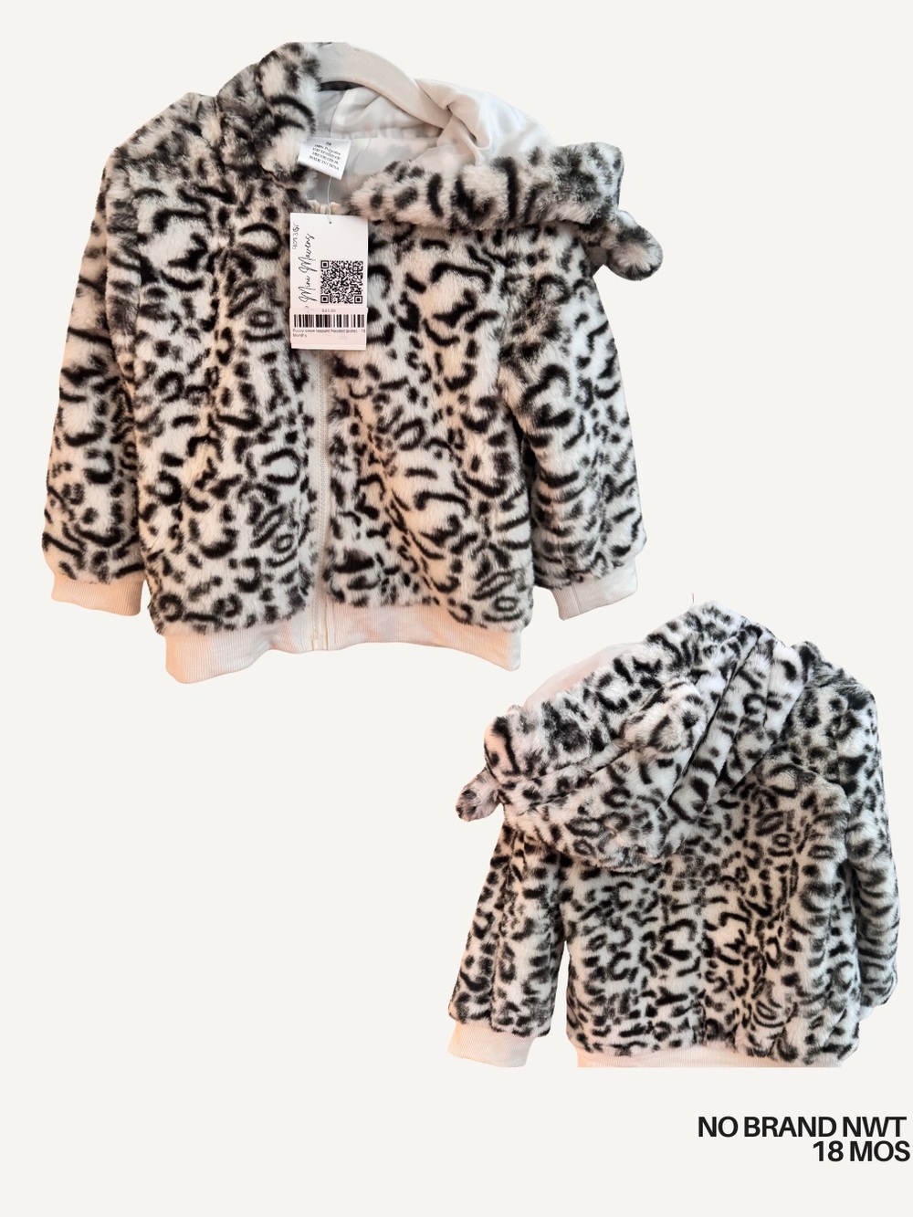 Faux Fur Leopard Print Hooded Jacket - Black & White